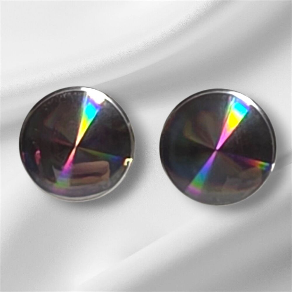 Vintage 1960s Holographic Sterling Silver Screw Back Earrings Rainbow Round 3/4"